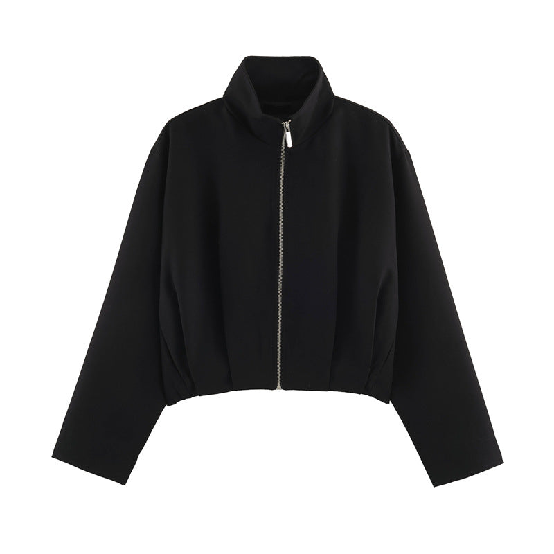 Women Boxy-Cropped Blouson Jacket with high stand-up collar and fitted elastic waistband Drune