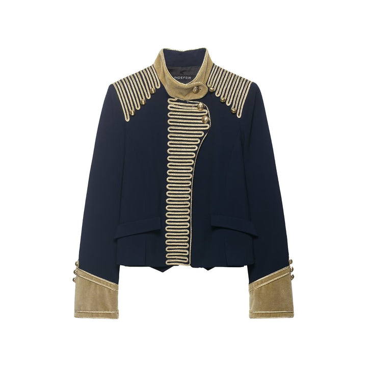 Women's Cropped Military Jacket in Parade Look with Gold Cord Decoration and Velvet Cuffs Mune Fashion