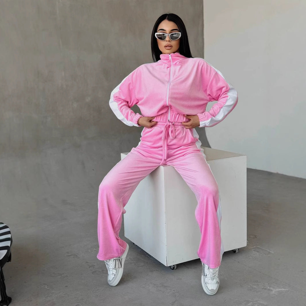 Women soft velvet tracksuit set with zip jacket and elastic drawstring pants Mune Fashion