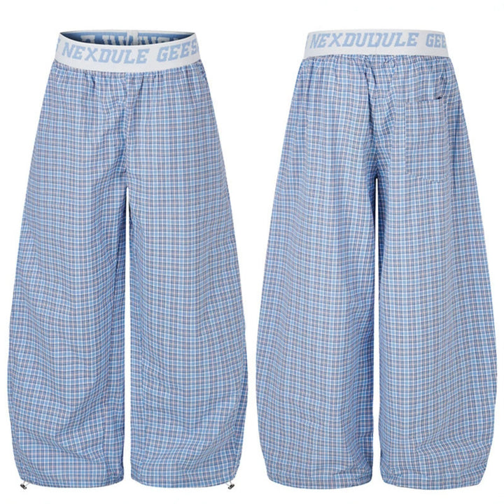 Women's Wide Checkered Lounge Pants with Elastic Logo Waistband and Drawstring Hem Mune Fashion
