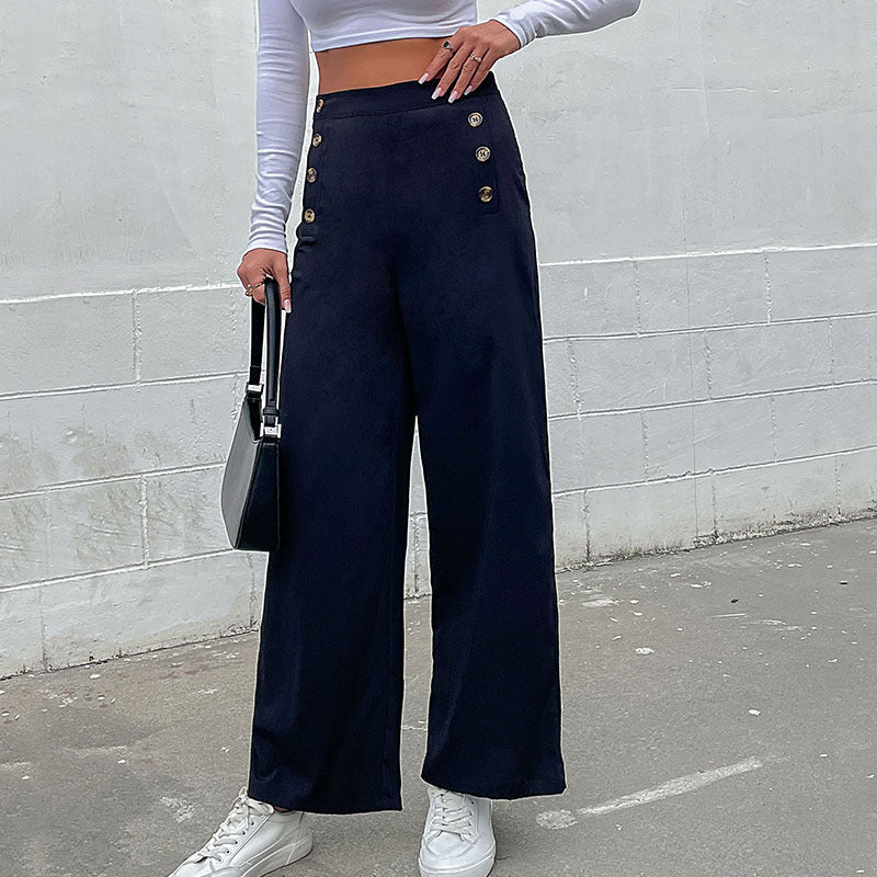 Women's High-Waist Palazzo Pants with maritime-inspired decorative button placket and wide leg Mune Fashion