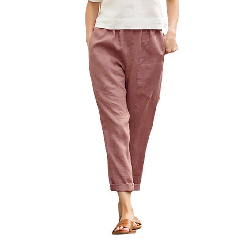 Women's lightweight linen-cotton pants with elastic waistband, patch pockets, and tapered fit Mune Fashion