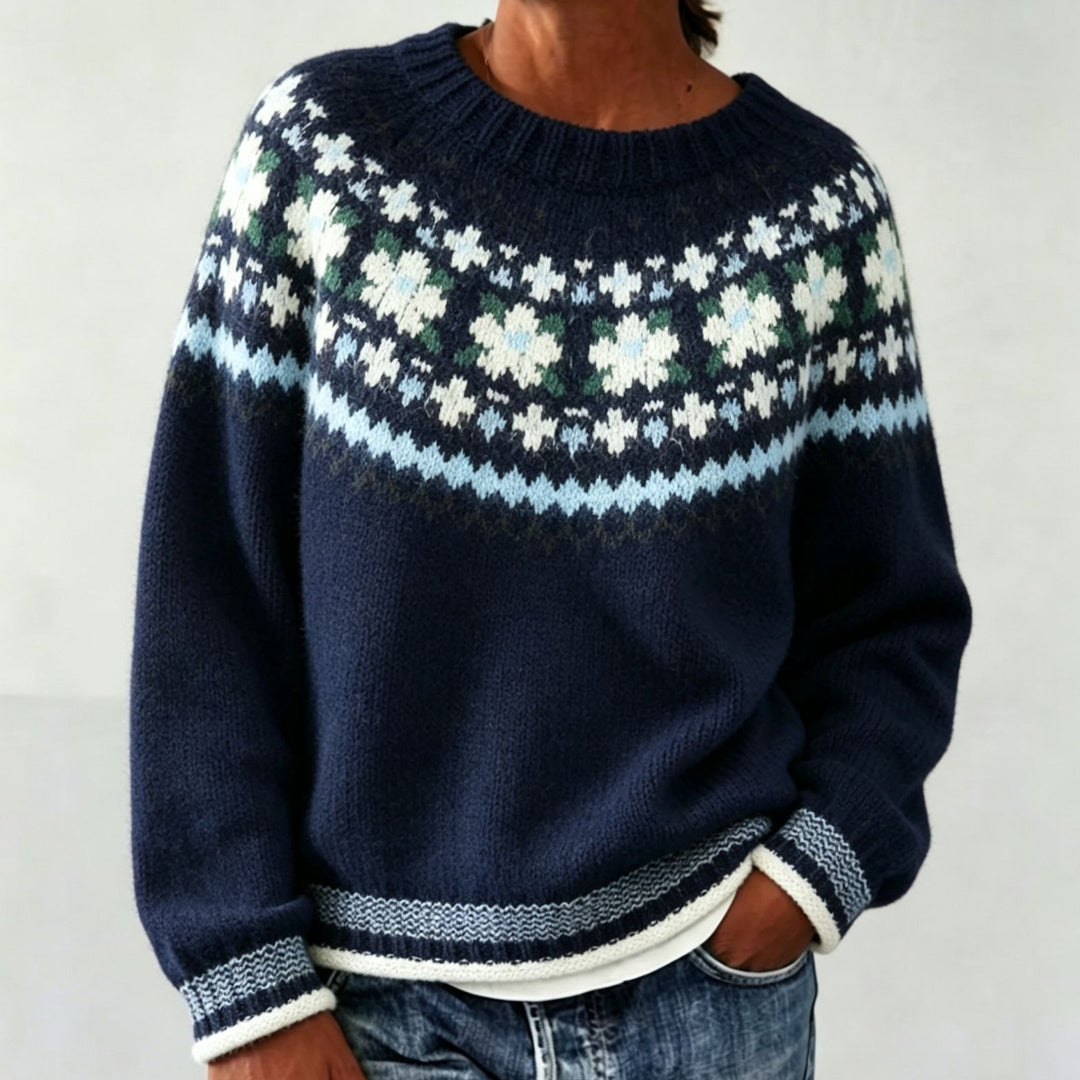 Women Round Neck Norwegian Sweater with Fair Isle Jacquard Mune Fashion