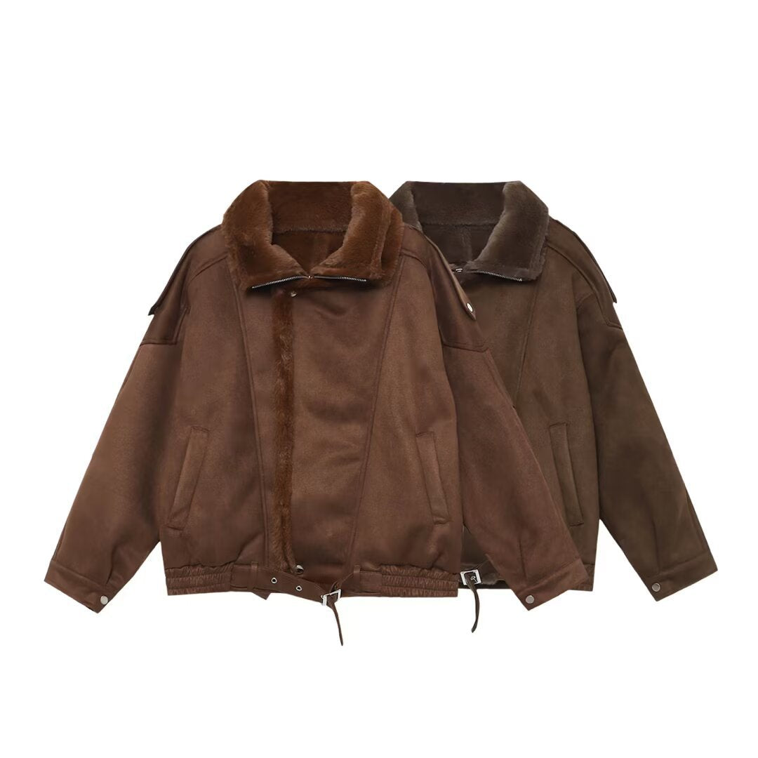 Women's Oversized Aviator Jacket with Teddy Lining, Stand Collar and Waist Belt Mune Fashion