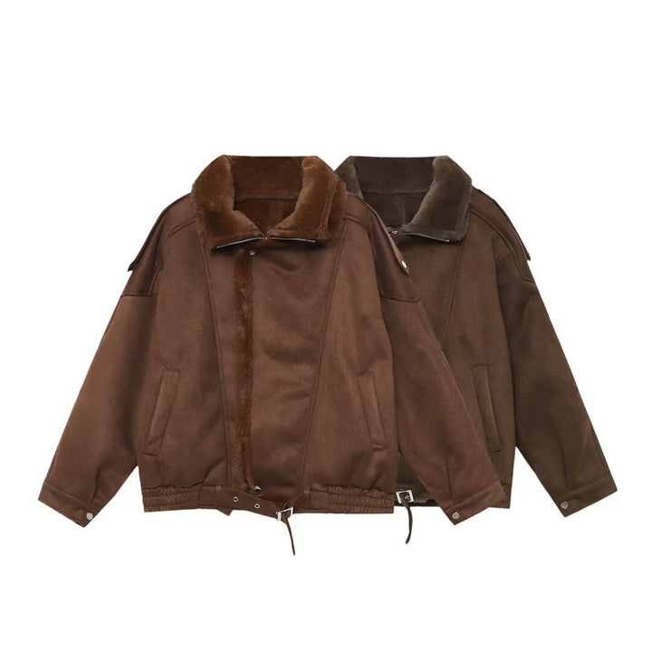 Women's Oversized Aviator Jacket with Teddy Lining, Stand Collar and Waist Belt Mune Fashion