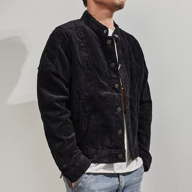 Men's Short-Cut Cord Jacket in Worker Style with Stand Collar and Snap Button Placket Mune Fashion