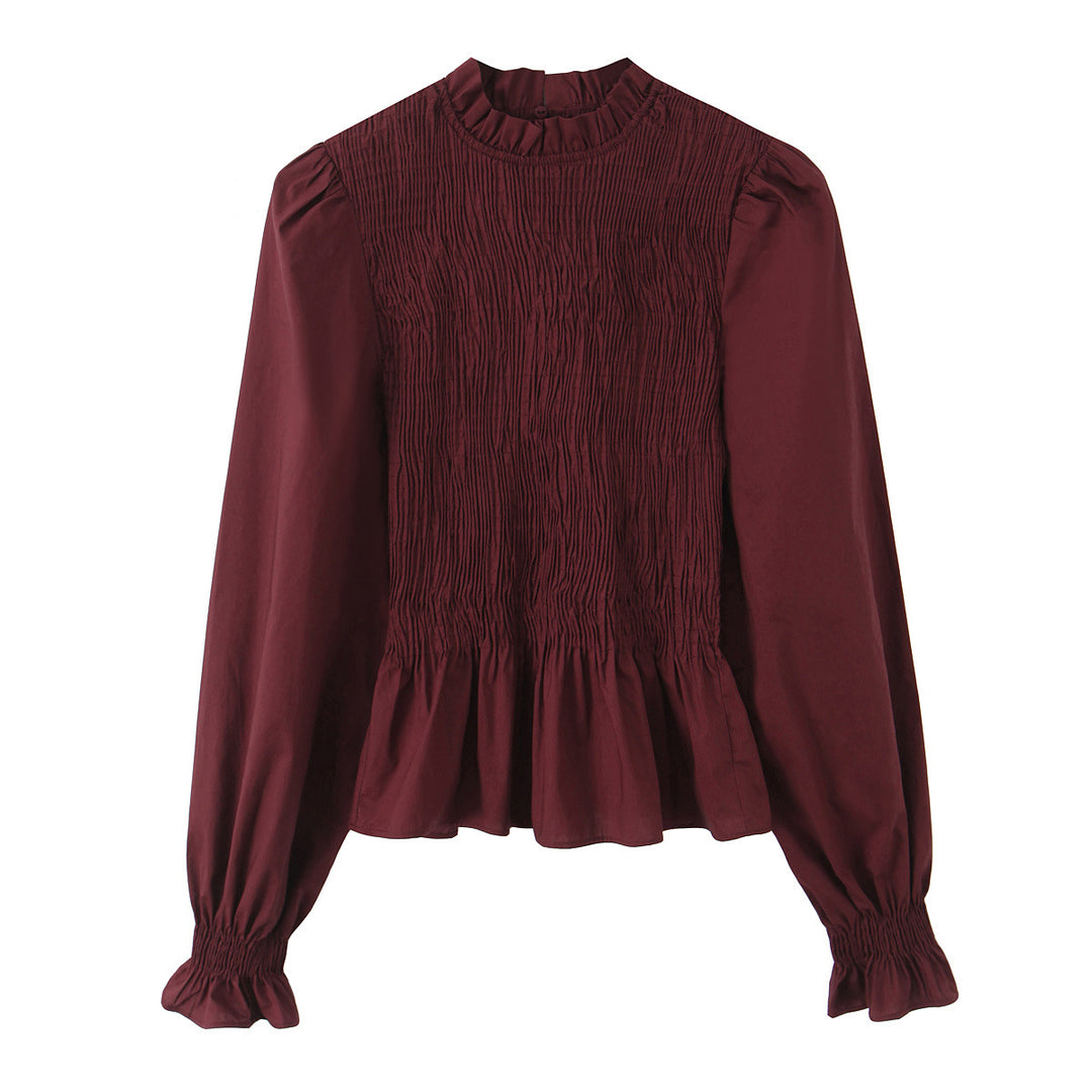 Women's Striped Blouse with Smocked Front, Stand Collar and Ruffled Hem Mune Fashion