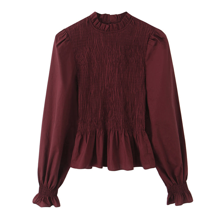 Women's Striped Blouse with Smocked Front, Stand Collar and Ruffled Hem Mune Fashion
