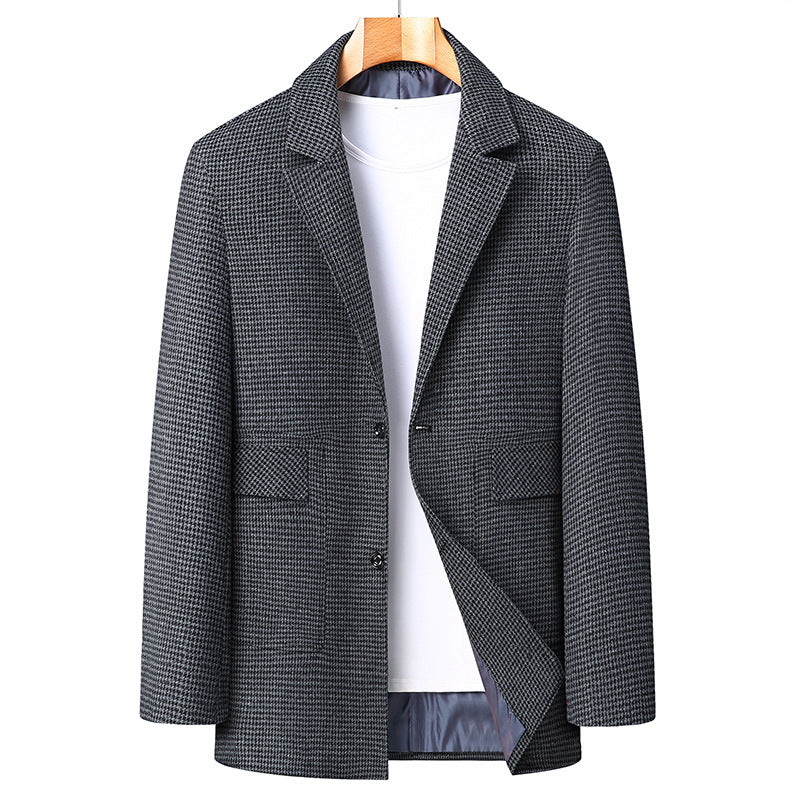 Men's Single-Breasted Short Coat made of Wool Blend with Houndstooth Pattern and Lapel Collar Mune Fashion
