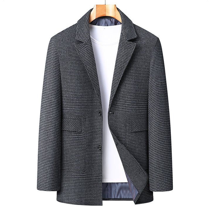 Men's Single-Breasted Short Coat made of Wool Blend with Houndstooth Pattern and Lapel Collar Mune Fashion