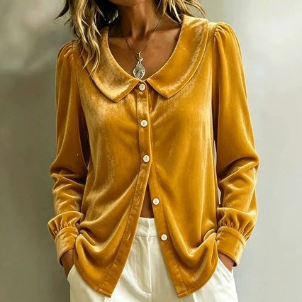 Ladies velvet shirt blouse with Peter Pan collar and mother-of-pearl button placket Mune Fashion