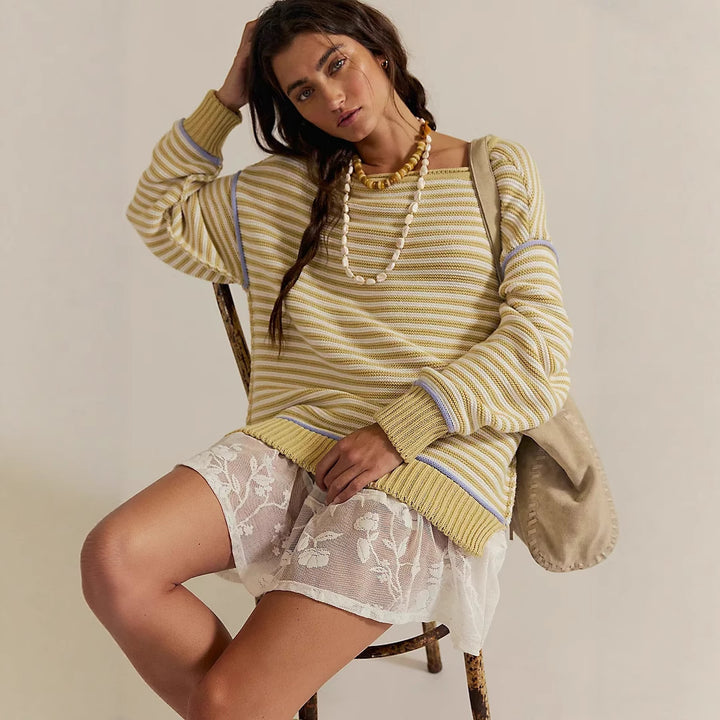 Women's Oversized Striped Knit Sweater with Wide Cut, Cuffs & Contrasting Piping Mune Fashion