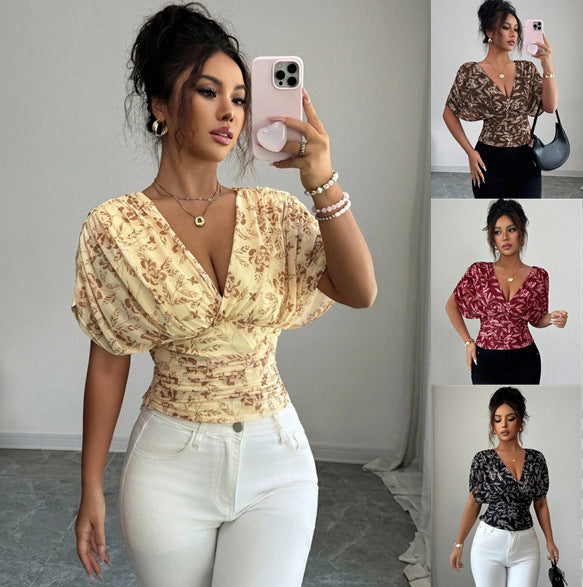Women’s Fitted Wrap Blouse with Deep V-Neck, Ruffled Waist, and Kimono Sleeves Mune Fashion