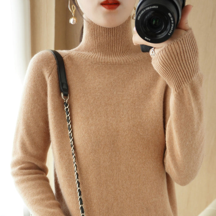 Women's Luxury Fine Knit Turtleneck Sweater with Thumbhole Cuffs and Feminine Shoulder Yoke Mune Fashion