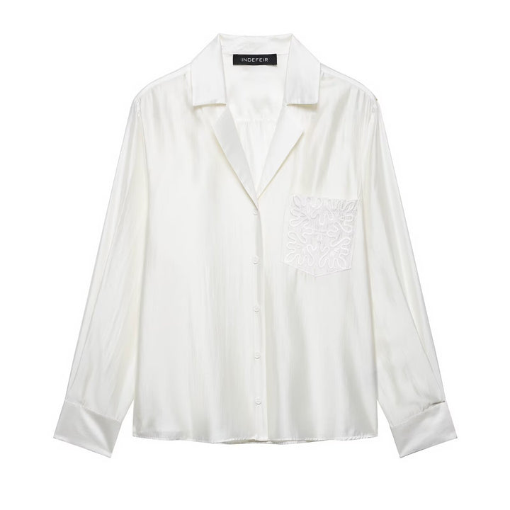 Women's Loose Satin Shirt with Notched Collar and Embroidered Chest Pocket Mune Fashion