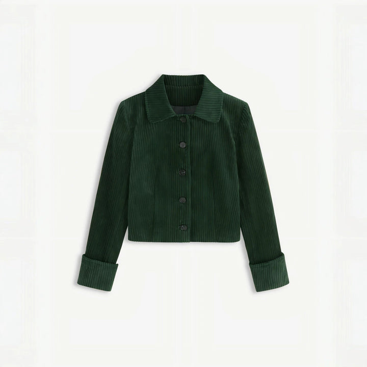 Women's Pleated Short Jacket with Shirt Collar and Turned-up Cuffs Drune