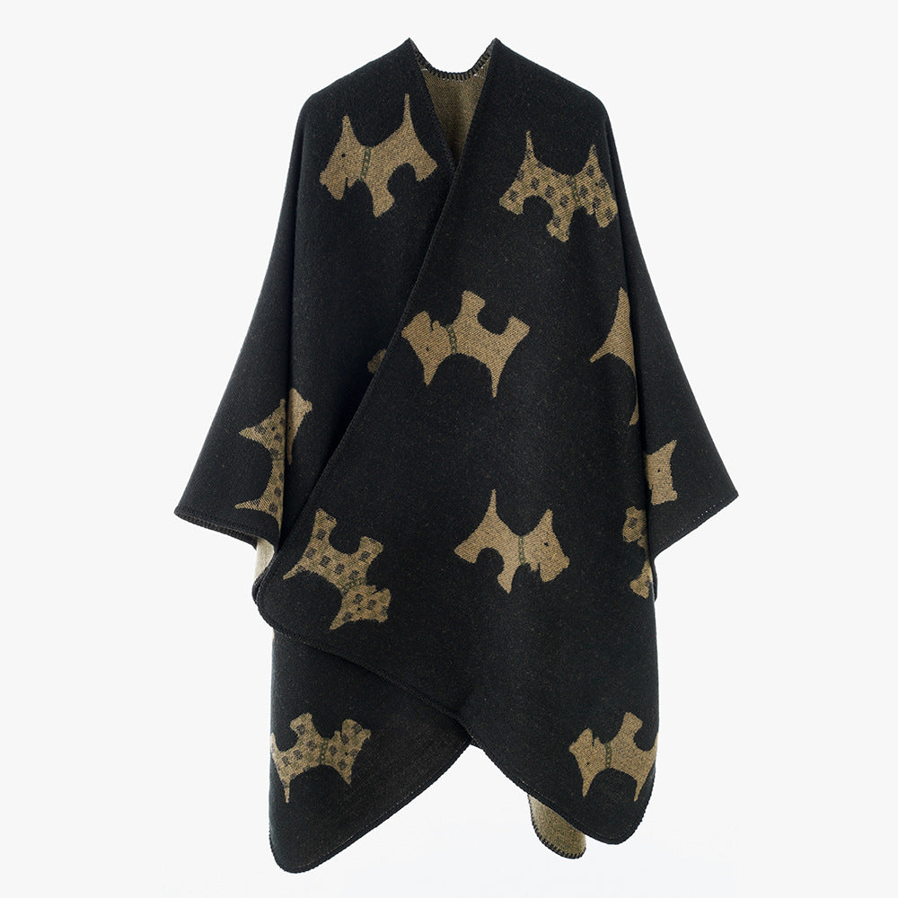 Women Oversized Poncho with jacquard woven Terrier motif and contrasting lining Mune Fashion