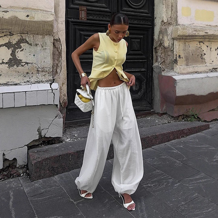 Women Lightweight Balloon Pants with Elastic Waistband, Drawstring & Ruched Ankle Cuff Mune Fashion