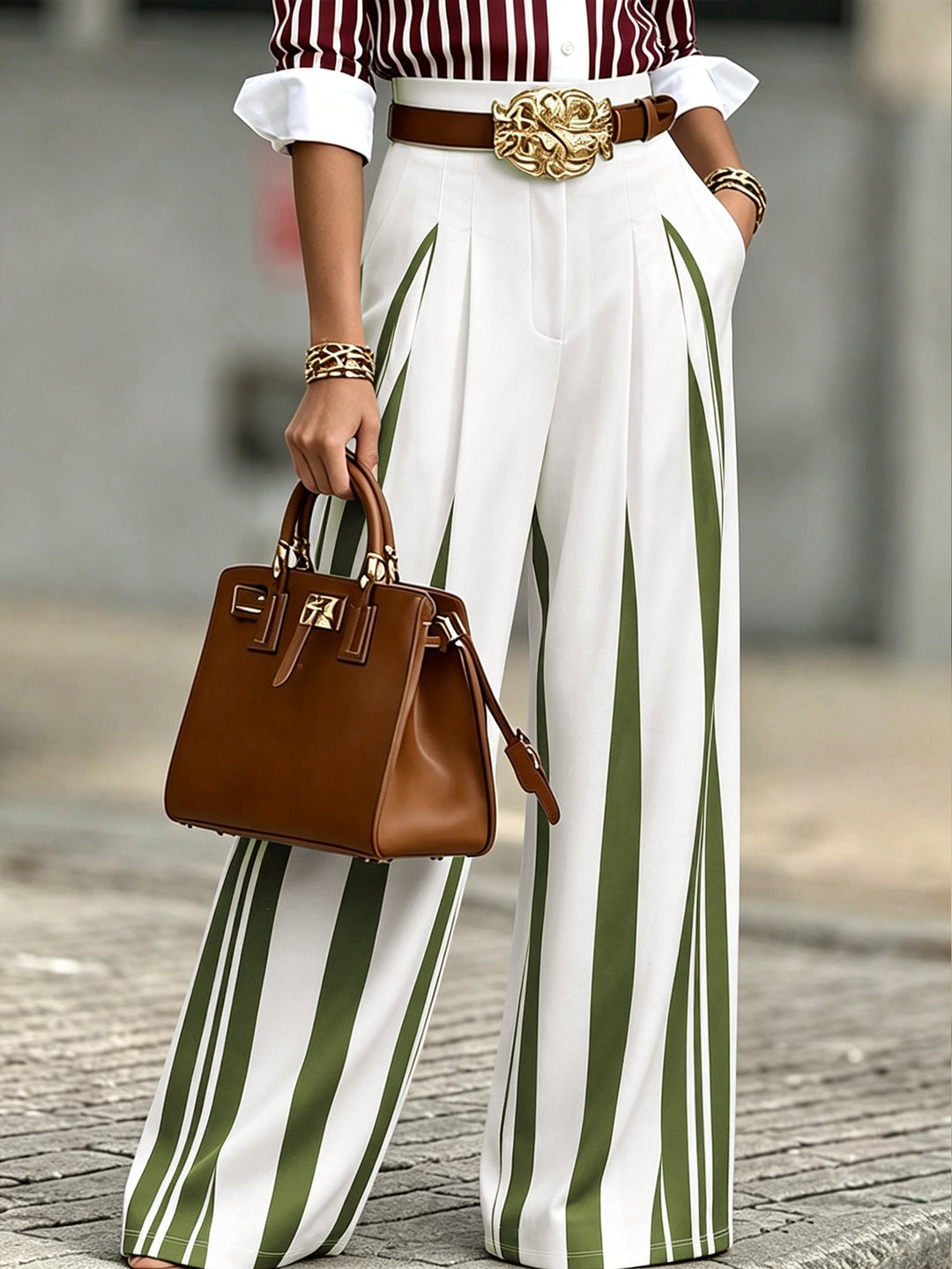 Women's High-Waisted Wide Palazzo Pants with Vertical Stripes and Pleats Mune Fashion