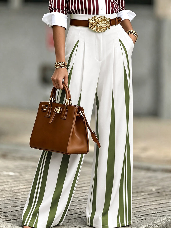 Women's High-Waisted Wide Palazzo Pants with Vertical Stripes and Pleats Mune Fashion