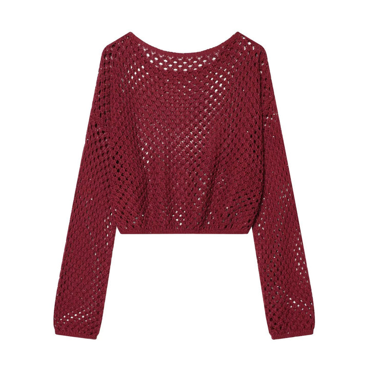 Women's Short Cropped Crochet Sweater with Openwork Pattern and Wide Neckline Mune Fashion