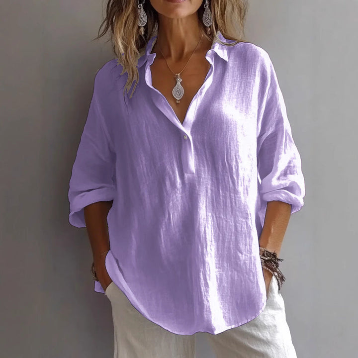 Women's Casual Linen Shirt with Button Placket and Wide Sleeves Mune Fashion