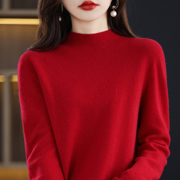 Women Light Fine Knit Mock Neck Sweater with Structured Collar Trim Mune Fashion