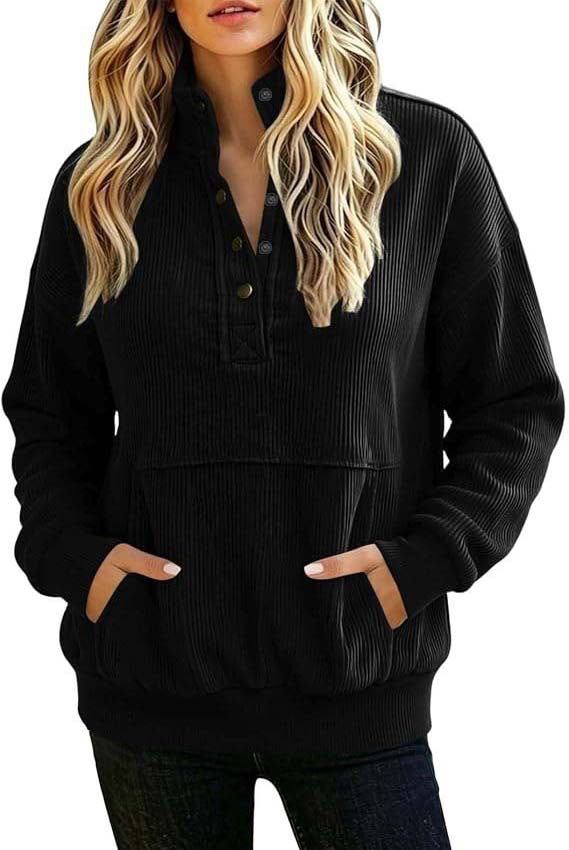 Women's ribbed Henley pullover with stand collar and kangaroo pocket Mune Fashion