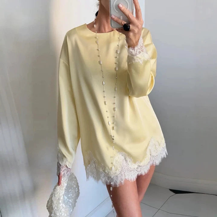 Women Silk Long Sleeve Shirt with Lace Trim at Hem and Cuffs Mune Fashion