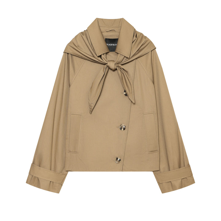 Women's Cropped Trench Cape Jacket with Bow Collar and Boxy Silhouette Mune Fashion
