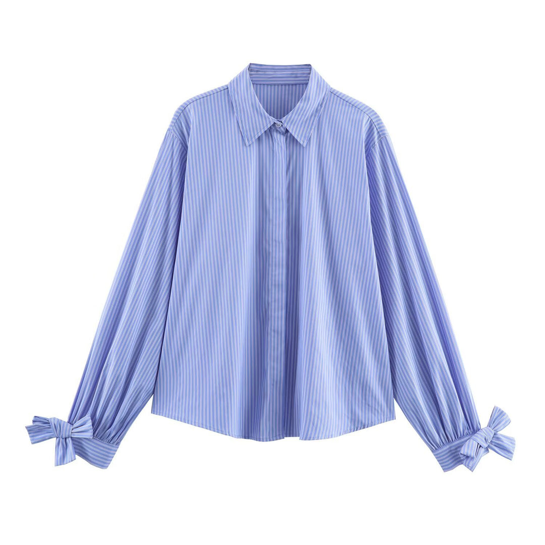 Women's oversized shirt blouse with classic collar, balloon sleeves, and bow cuffs Mune Fashion