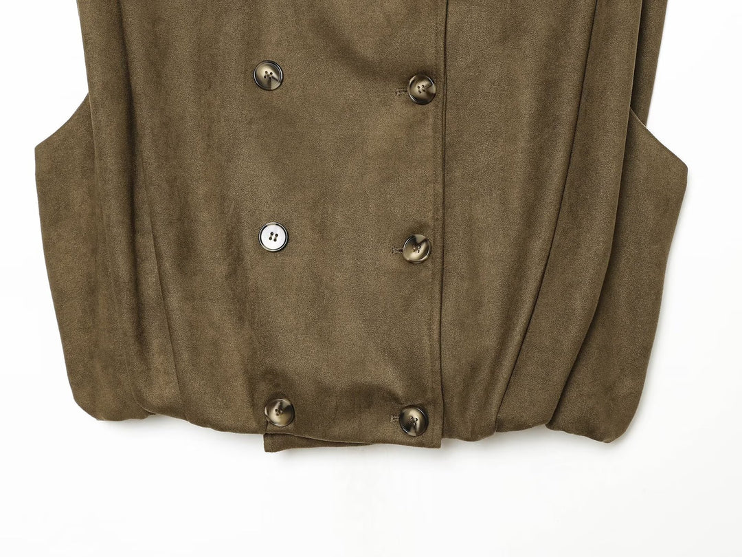 Women's Sleeveless Double-Breasted Trench Vest with High Stand Collar and Shoulder Tabs Mune Fashion