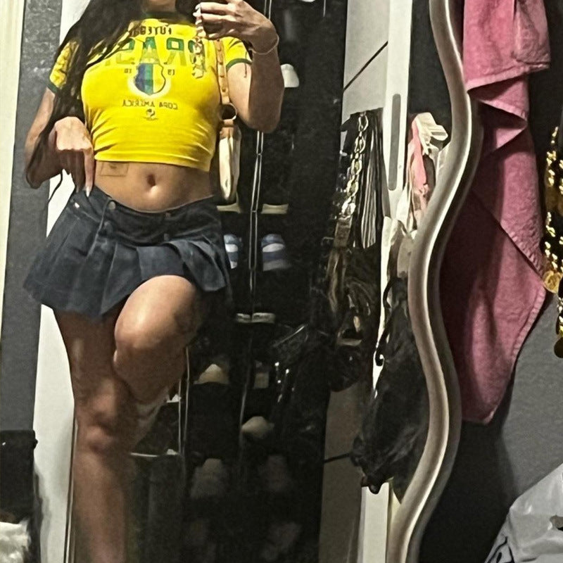 Women's short cotton T-shirt with Brazil soccer print and contrast cuffs Mune Fashion