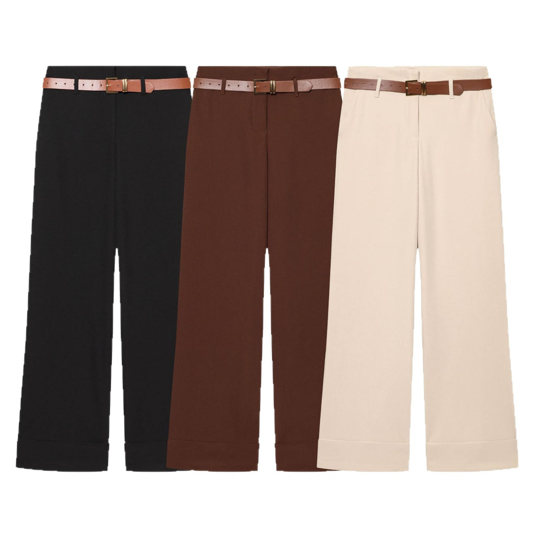 Women Wide High-Waist Trousers with Cuffed Hem, Pleat and Waist Belt Mune Fashion