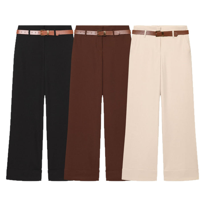 Women Wide High-Waist Trousers with Cuffed Hem, Pleat and Waist Belt Mune Fashion