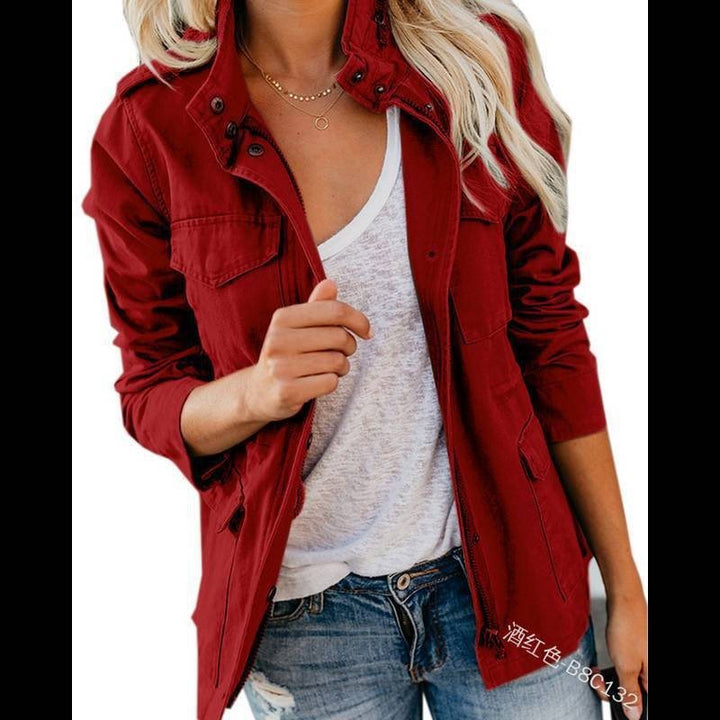 Women’s utility field jacket with stand-up collar, patch pockets and waist drawstring Mune Fashion