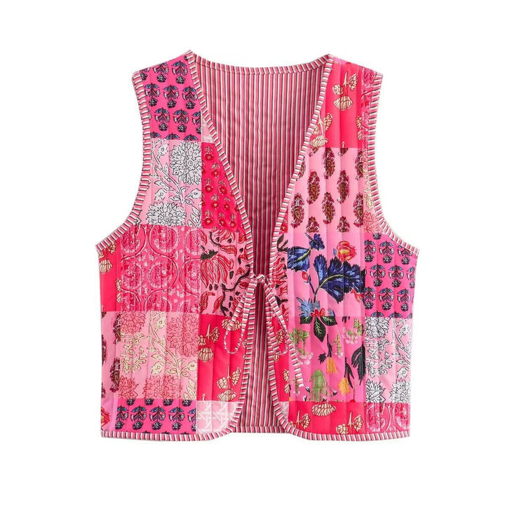 Women Patchwork Vest with Tie Band and V-Neck Mune Fashion