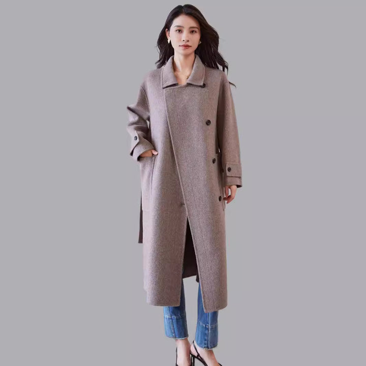 Women's Oversized Wool Coat with Belt and Wide Lapels Mune Fashion
