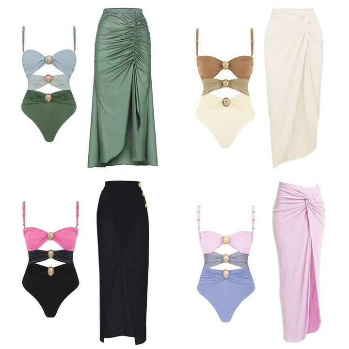 Ladies' one-piece swimsuit with fashionable lacing details and chic beach maxi skirts Mune Fashion