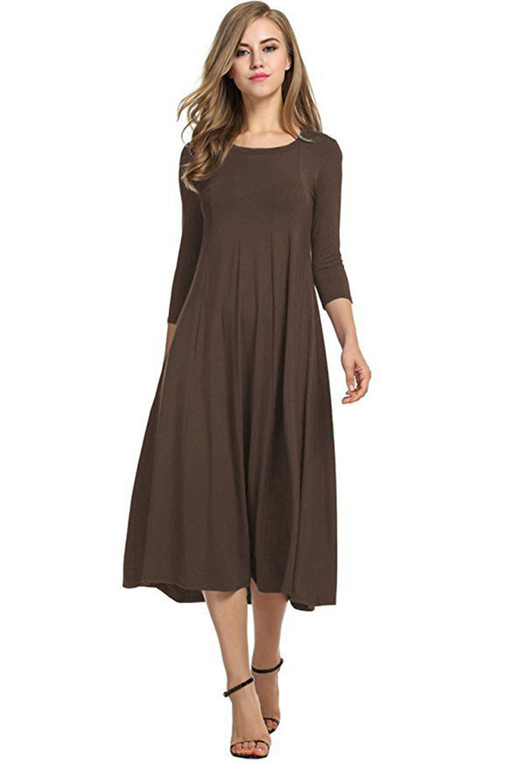 Women's Long A-Line Midi Dress made of Stretch Jersey with Three-Quarter Sleeves and Side Pockets Mune Fashion