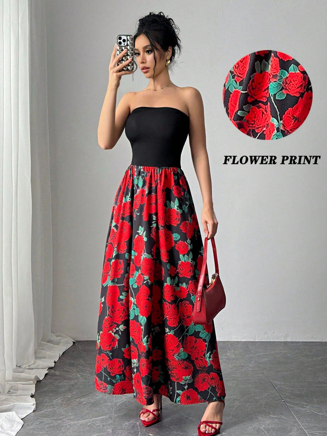 Ladies strapless maxi dress with fitted bandeau top and flared rose print skirt Mune Fashion