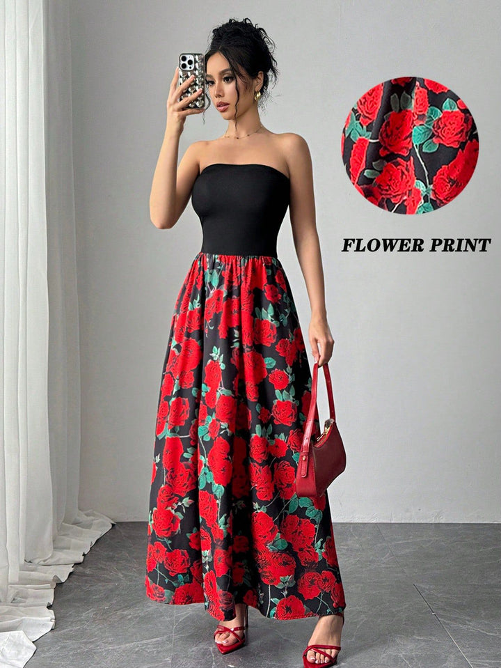 Ladies strapless maxi dress with fitted bandeau top and flared rose print skirt Mune Fashion