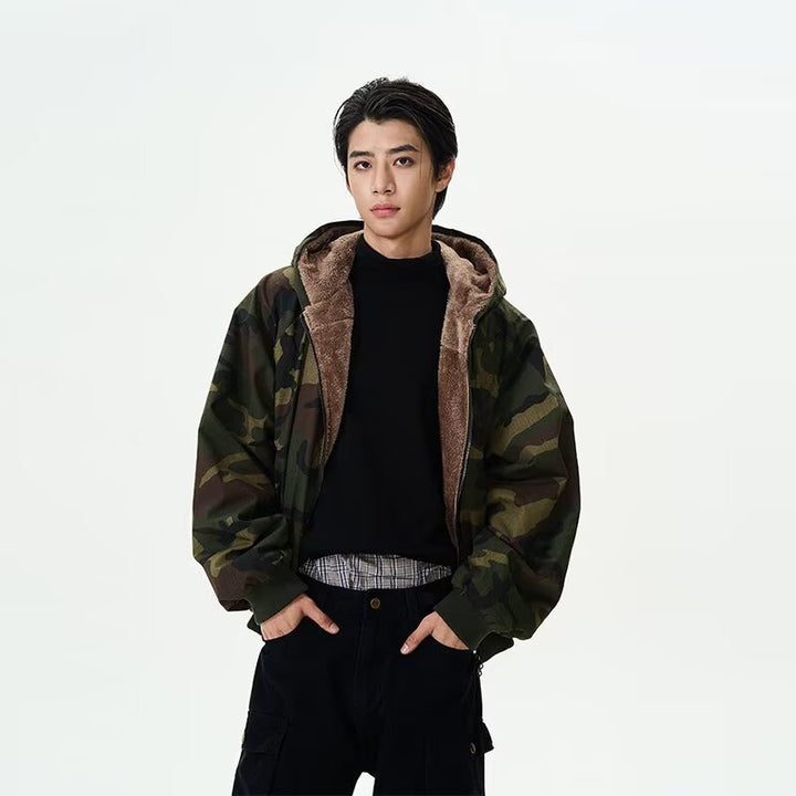 Men's Padded Hooded Bomber Jacket with Faux Fur Lining and Camouflage Pattern Mune Fashion