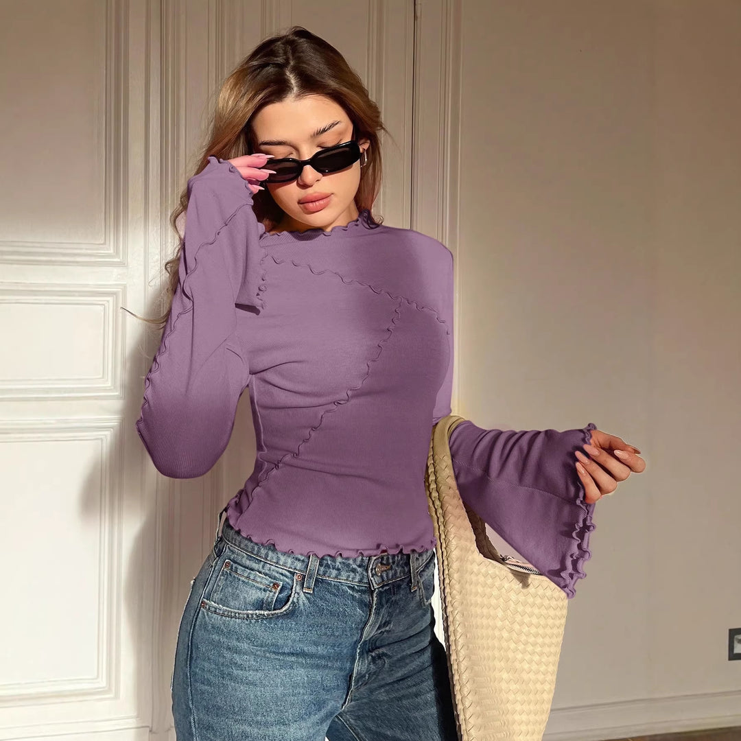 Women's Ribbed Long Sleeve Top with Ruffle Hem and Stand-Up Collar Mune Fashion