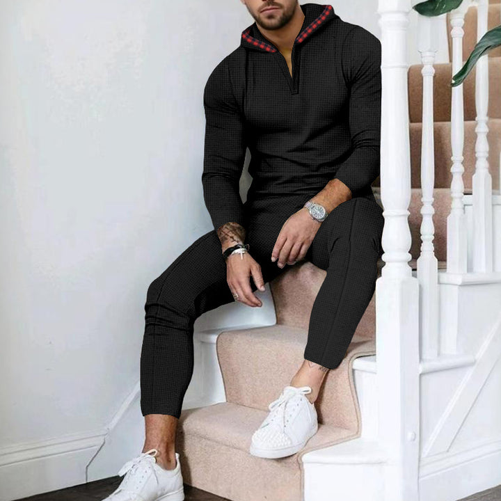 Men's Nano Slim-Fit Waffle Knit Hoodie Set with Half Zip, Contrast Lined Hood and Tapered Jogging Pants Mune Fashion