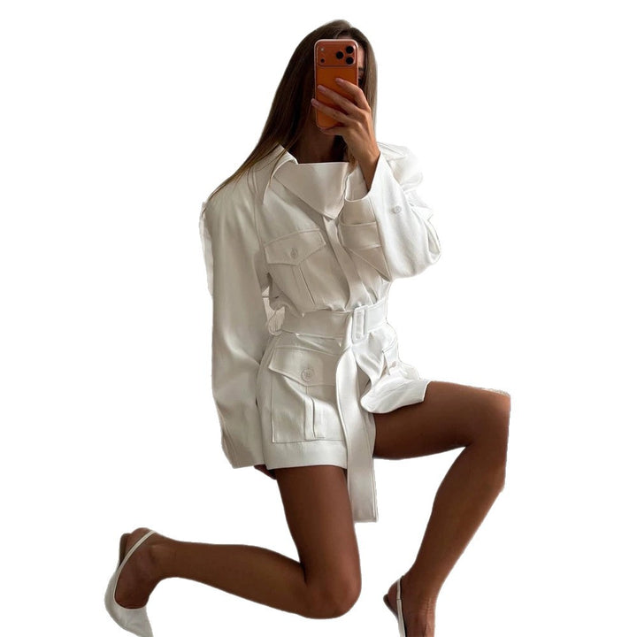 Women’s Short Blouse Dress with Waist Belt and Flap Pockets Mune Fashion