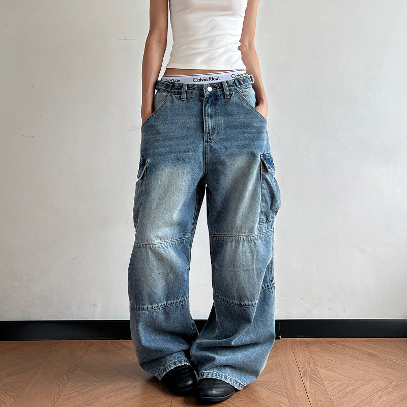 Women's Ultra Wide Palazzodenim Cargo Pants with Drop Crotch and Oversized Flap Pockets Mune Fashion
