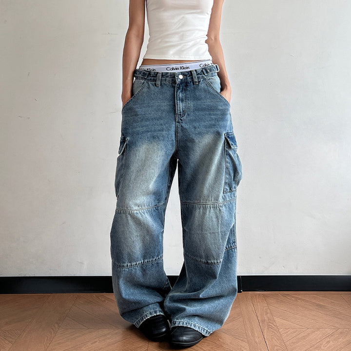 Women's Ultra Wide Palazzodenim Cargo Pants with Drop Crotch and Oversized Flap Pockets Mune Fashion