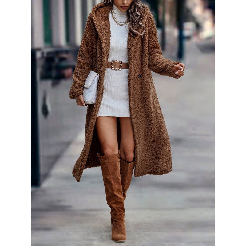 Women's Maxi Length Teddy Coat with Hood and Double Button Placket Mune Fashion