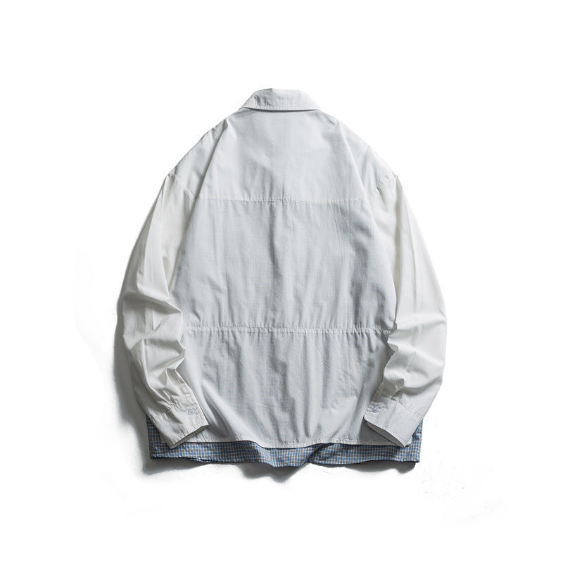 Men's layered look overshirt with patch front pockets, loose fit and checked underlay Mune Fashion